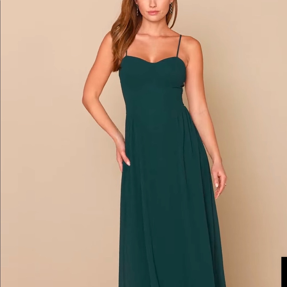 Lulus NWT dark teal basque waist floor length dress